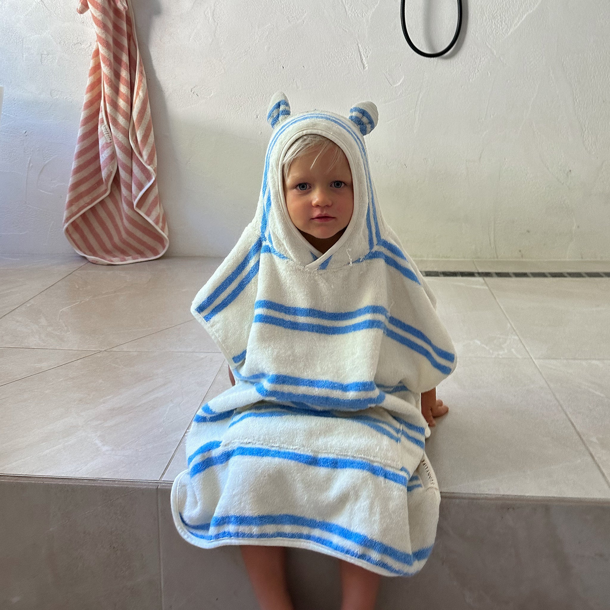 Kids Beach Poncho Towel - Sammy the Seagull Blue Stripe