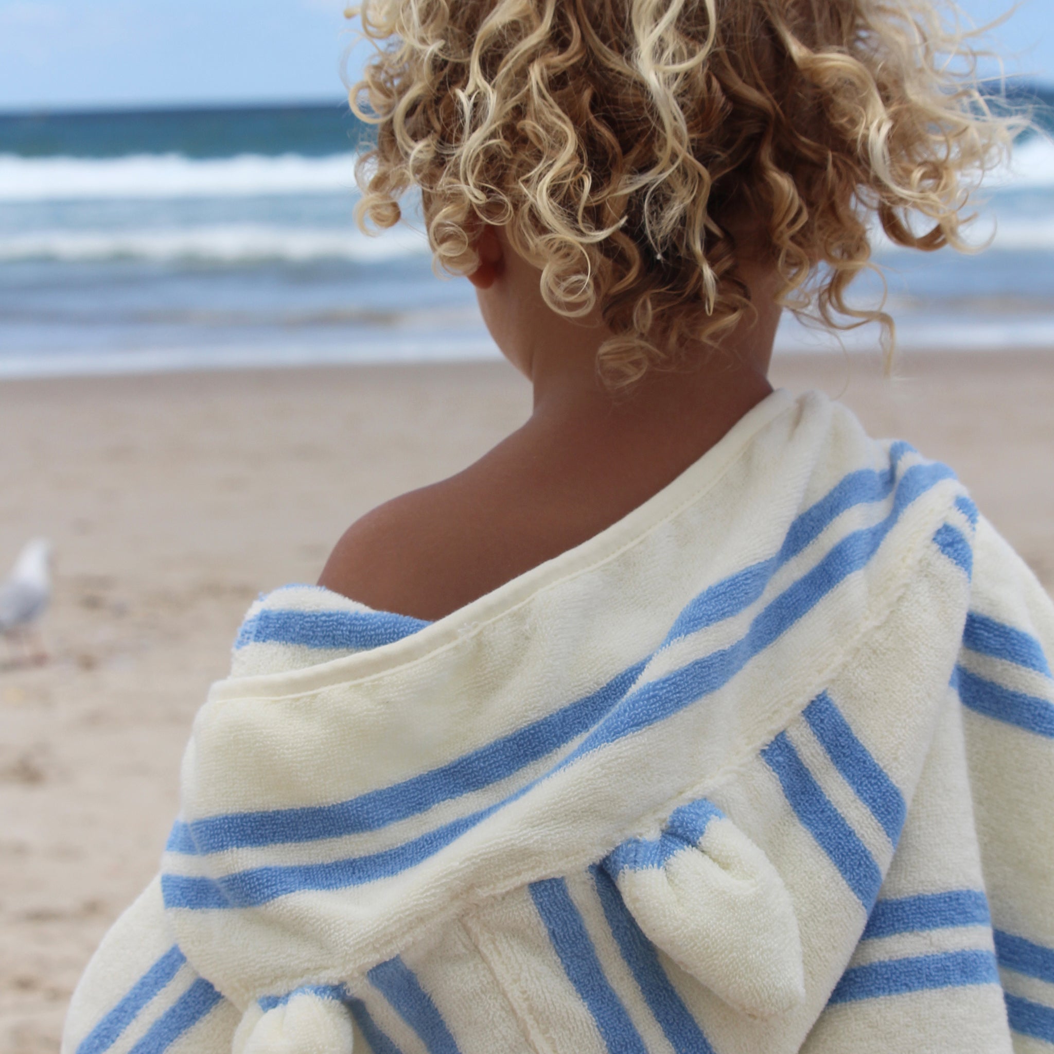 Kids Beach Poncho Towel - Sammy the Seagull Blue Stripe